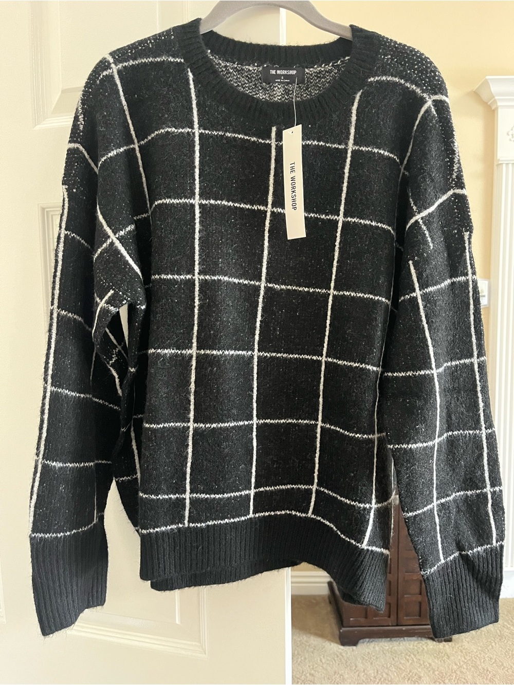 Workshop Black Sweater with White Windowpane Grid